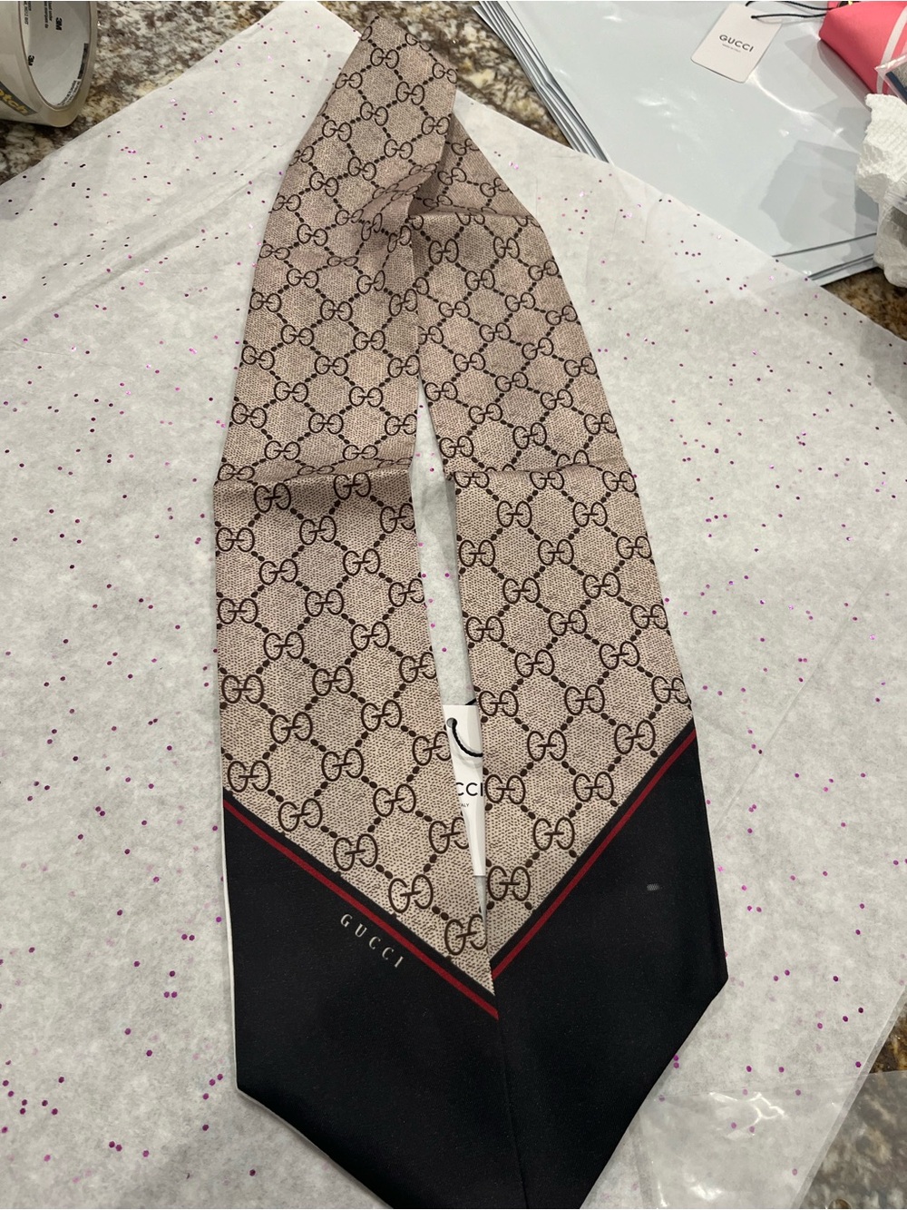 Gucci Beige GG Monogram and White Logo Silk Skinny Scarf with Black Accents - Picture 2 of 3